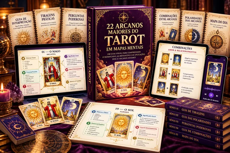 Material 22 Arcanos Maiores do Tarot em Mapas Mentais: livro, mapas impressos, cartas, notebook, tablet, celular e bônus